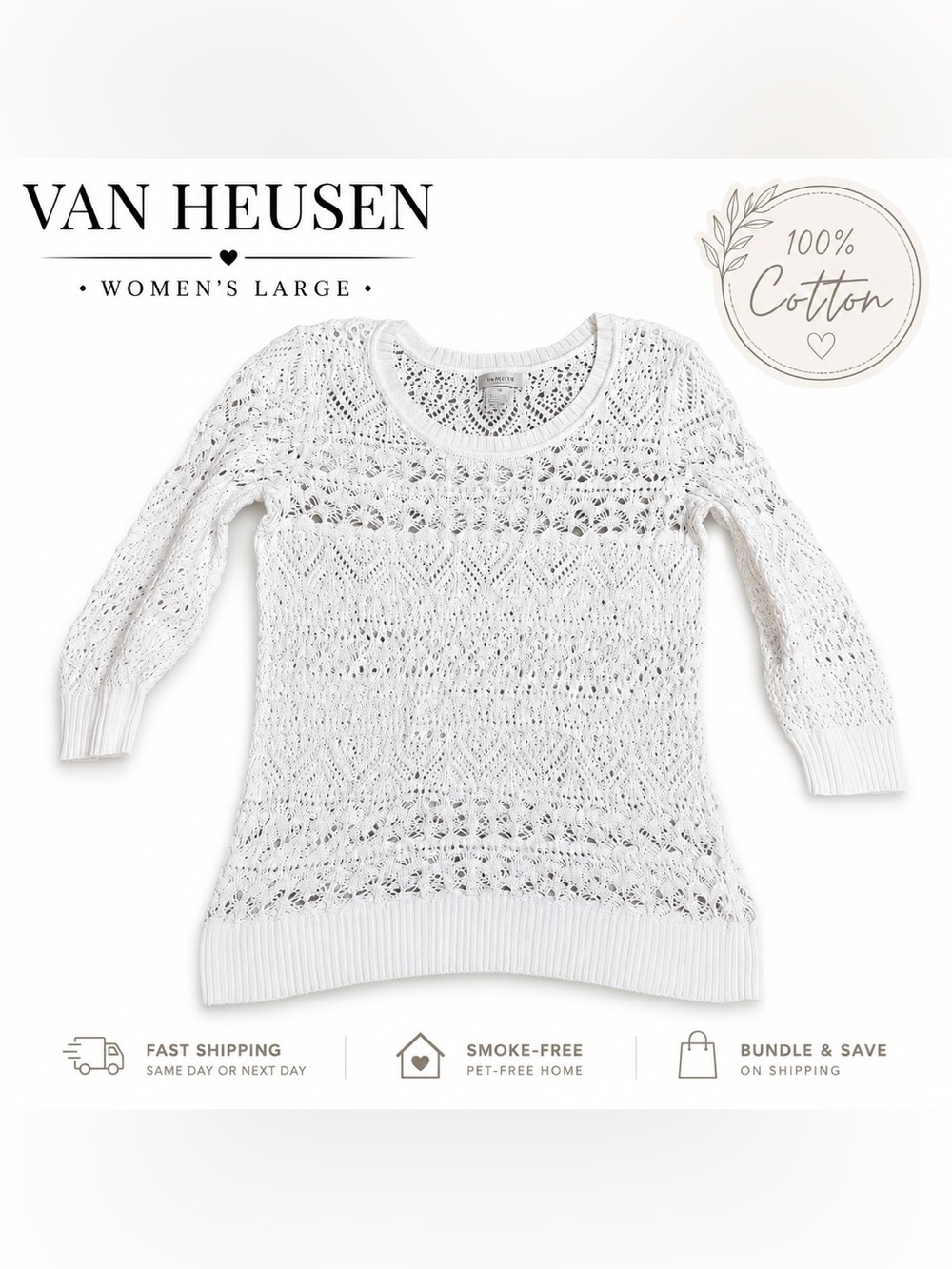 Van Heusen White Open Knit Crochet Sweater – Women’s Large